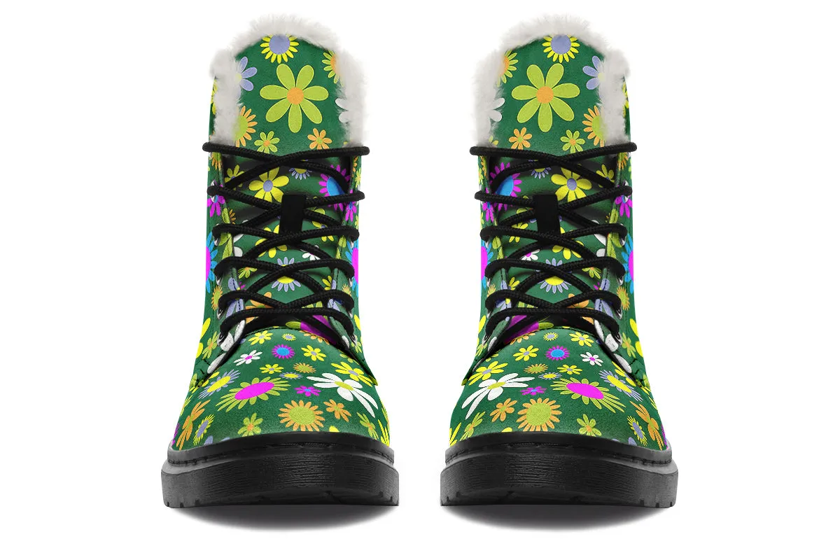 Green Retro Flowers Faux Fur Boots
