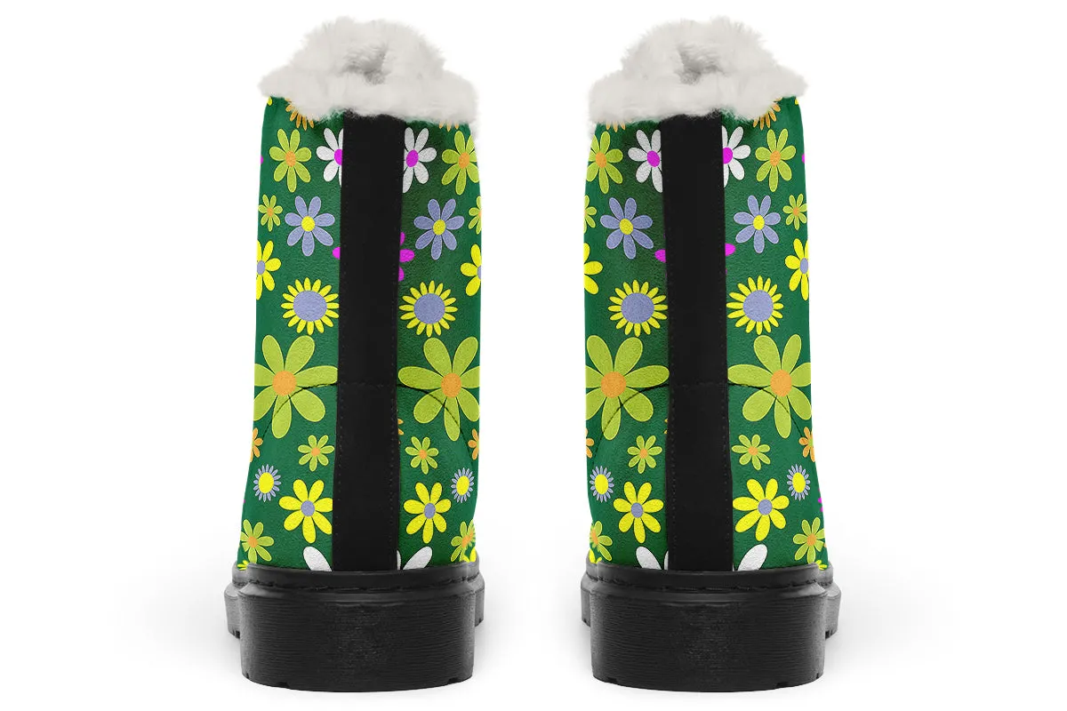 Green Retro Flowers Faux Fur Boots