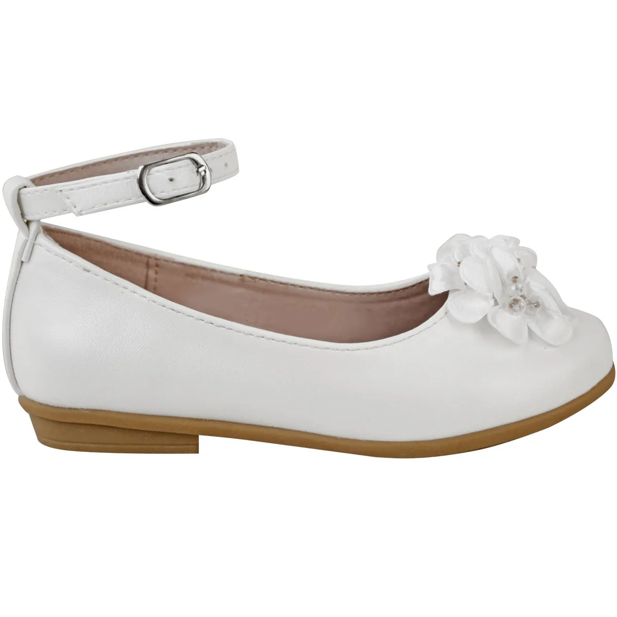 LACEN KIDS FLATFORM FLOWER EMBELLISHED SHOES WITH ANKLE STRAP IN WHITE