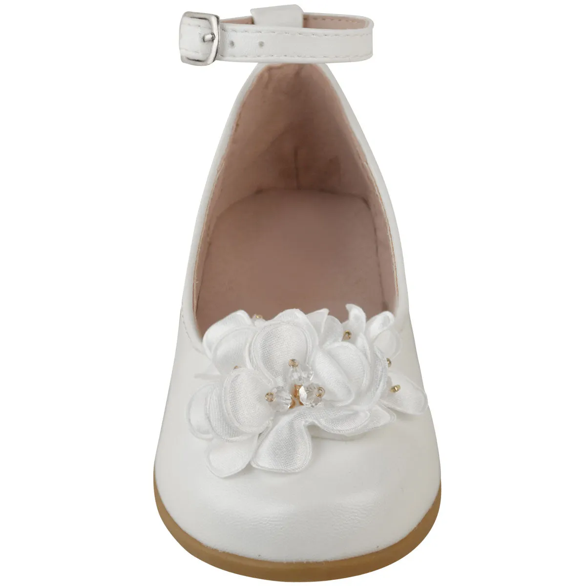 LACEN KIDS FLATFORM FLOWER EMBELLISHED SHOES WITH ANKLE STRAP IN WHITE