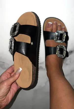Lovers Forever Black Diamante Buckle Sandals