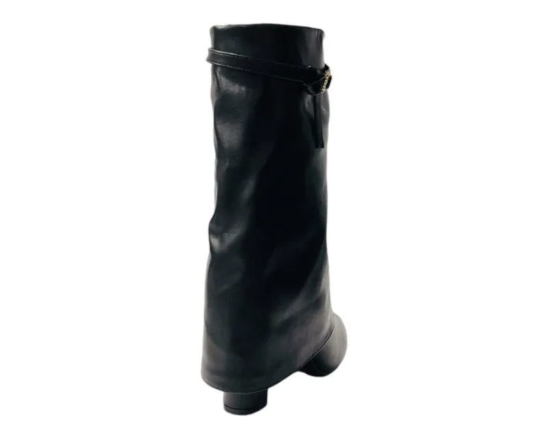 Mid Calf Fold Over Block Heel Boots