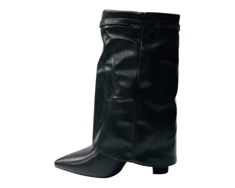Mid Calf Fold Over Block Heel Boots