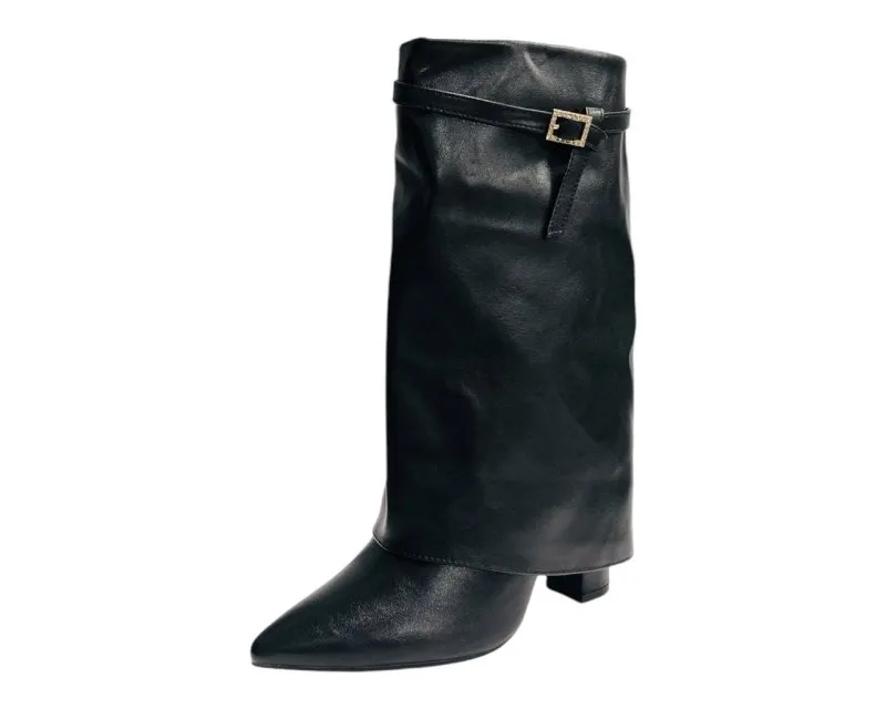 Mid Calf Fold Over Block Heel Boots