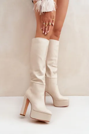 STEP IN STYLE Women's Slip-on Leather European Below-the-knee Heel Boots