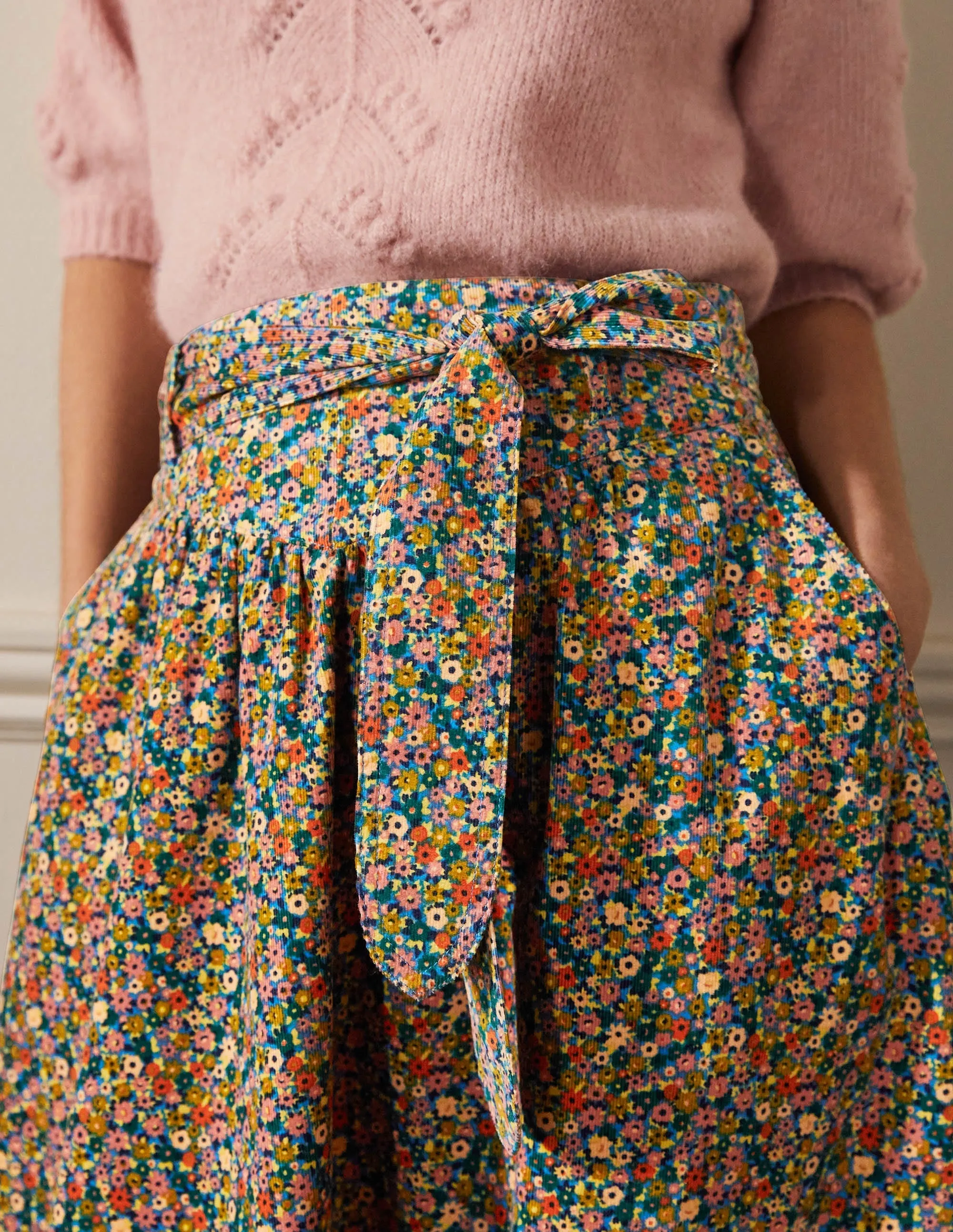 Tie Waist Cord Midaxi Skirt-Dusty Red, Floral Print