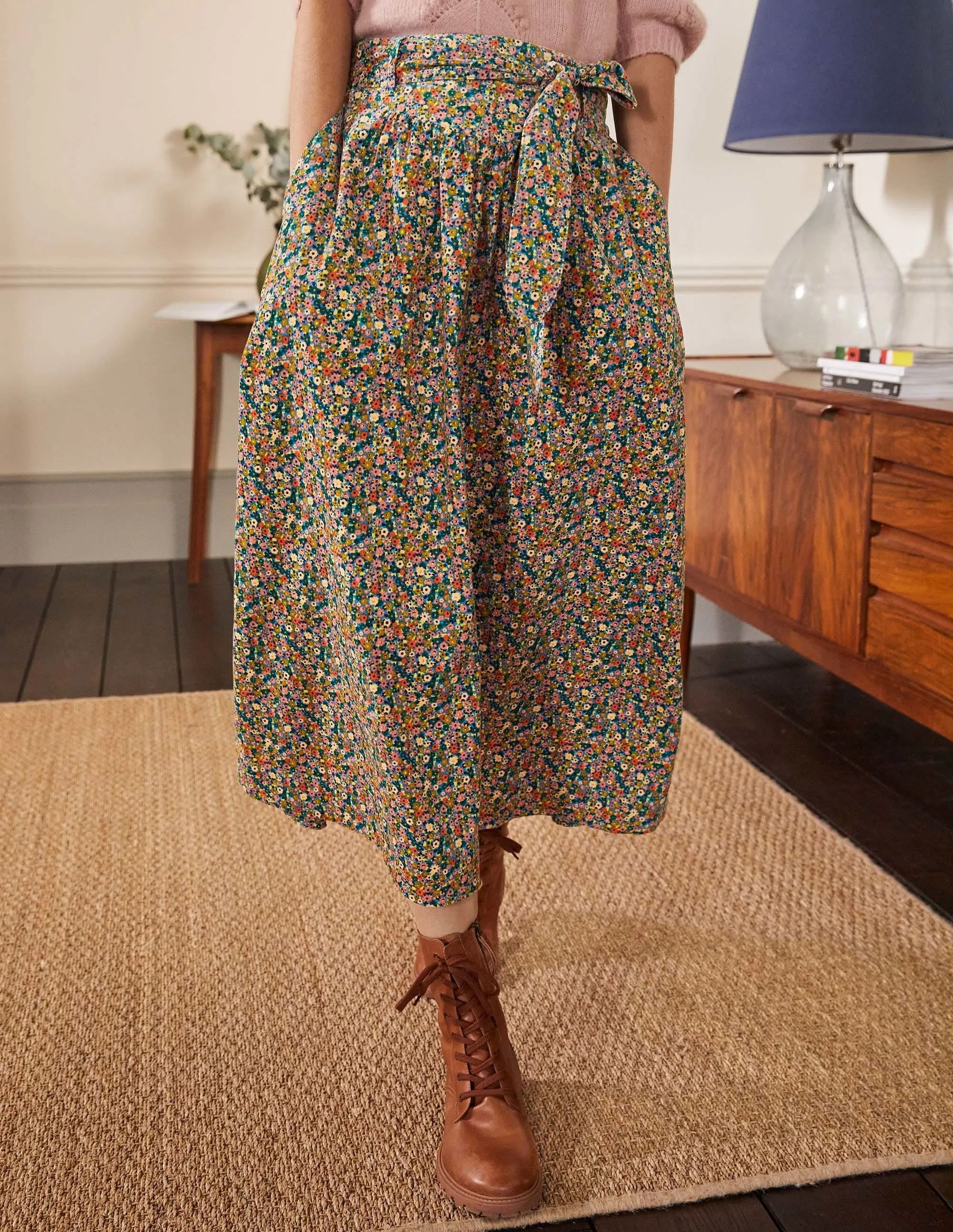 Tie Waist Cord Midaxi Skirt-Dusty Red, Floral Print