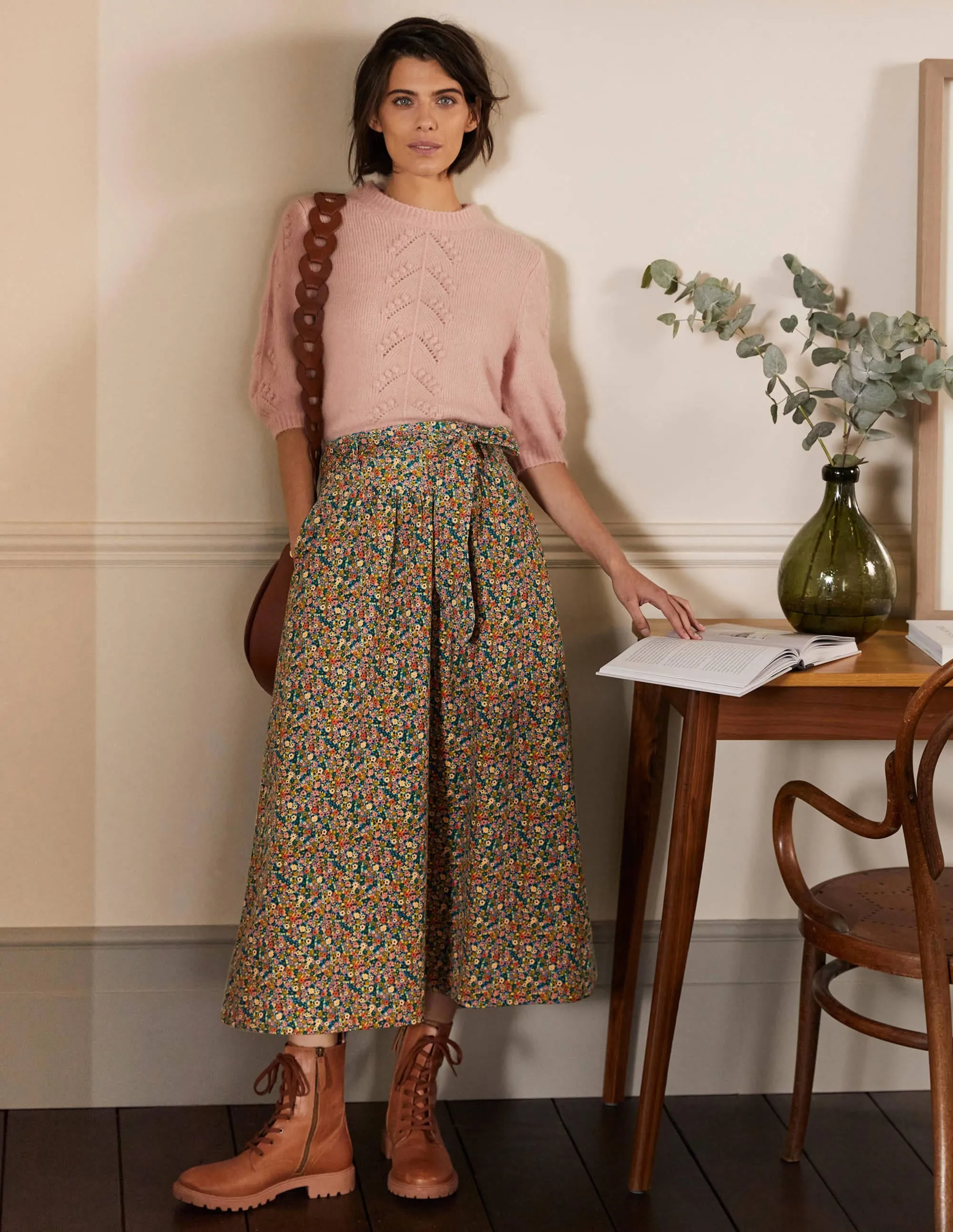 Tie Waist Cord Midaxi Skirt-Dusty Red, Floral Print
