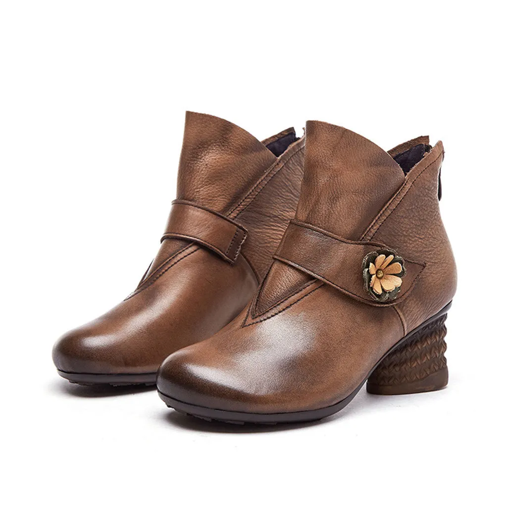 Winter Retro Leather Chunky Ankle Boots | Gift Shoes