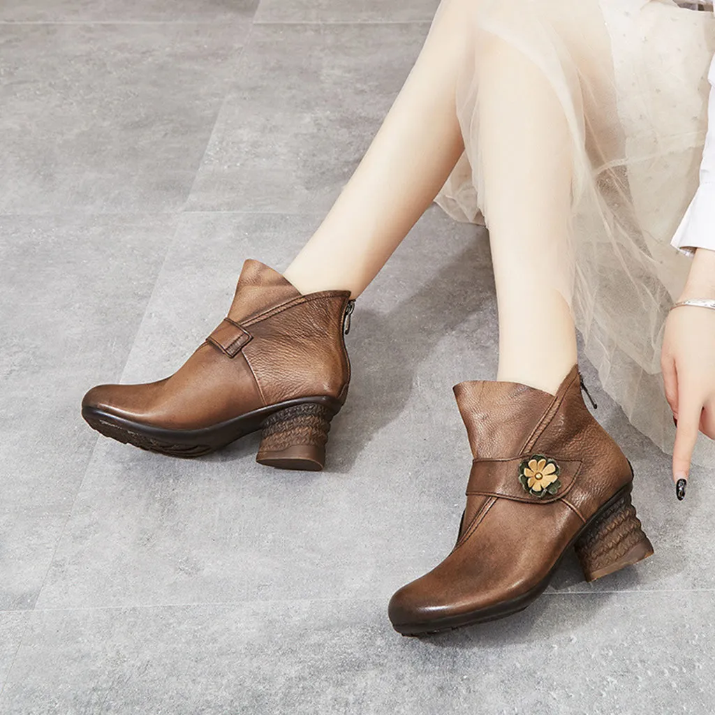 Winter Retro Leather Chunky Ankle Boots | Gift Shoes