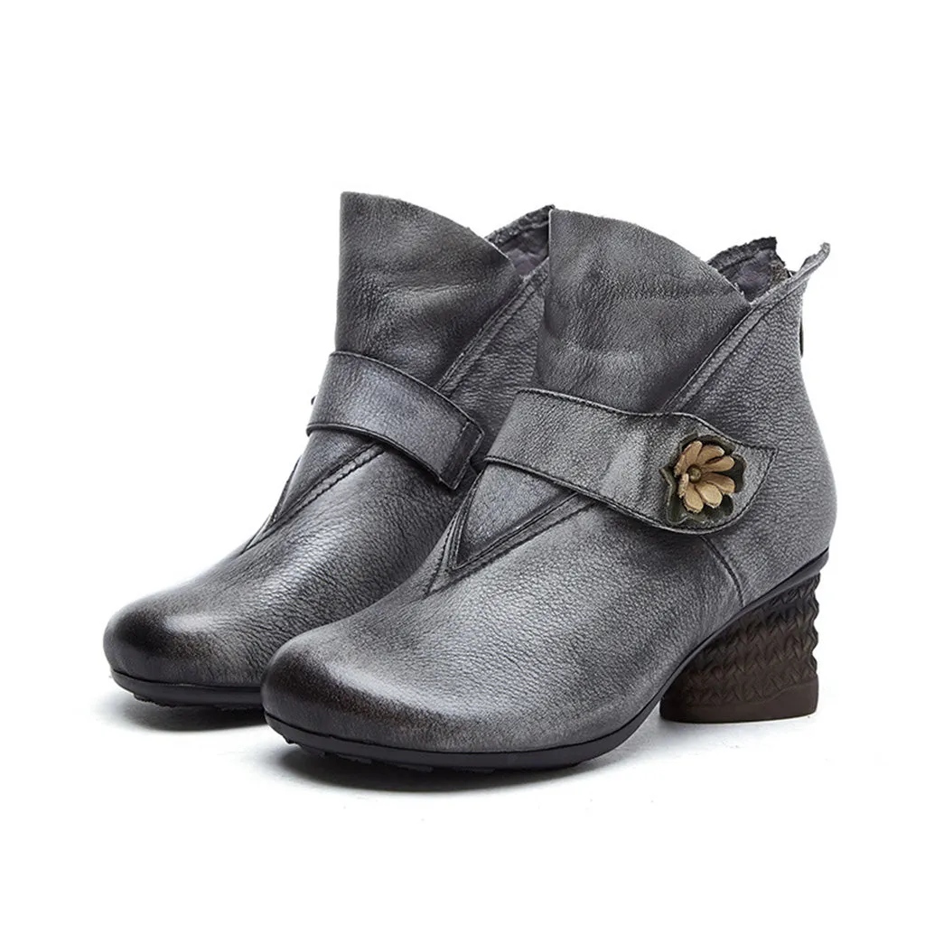 Winter Retro Leather Chunky Ankle Boots | Gift Shoes