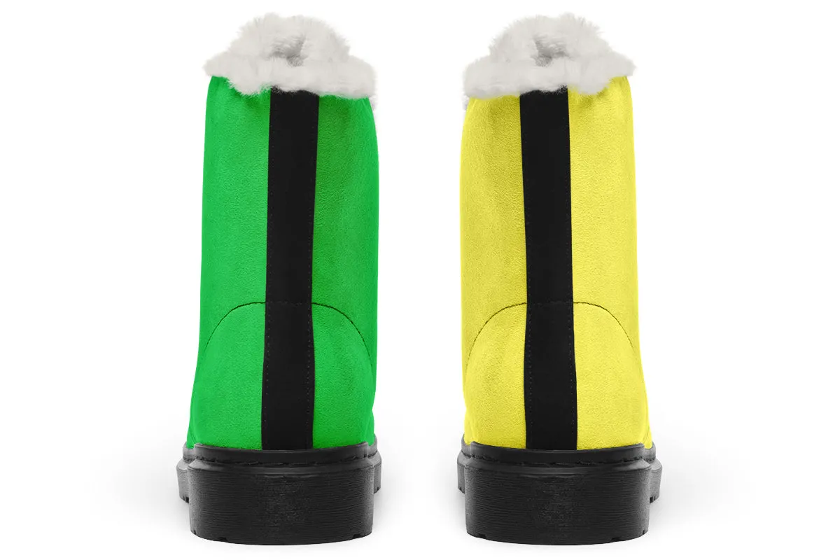 Yellow And Green Mismatch Faux Fur Boots